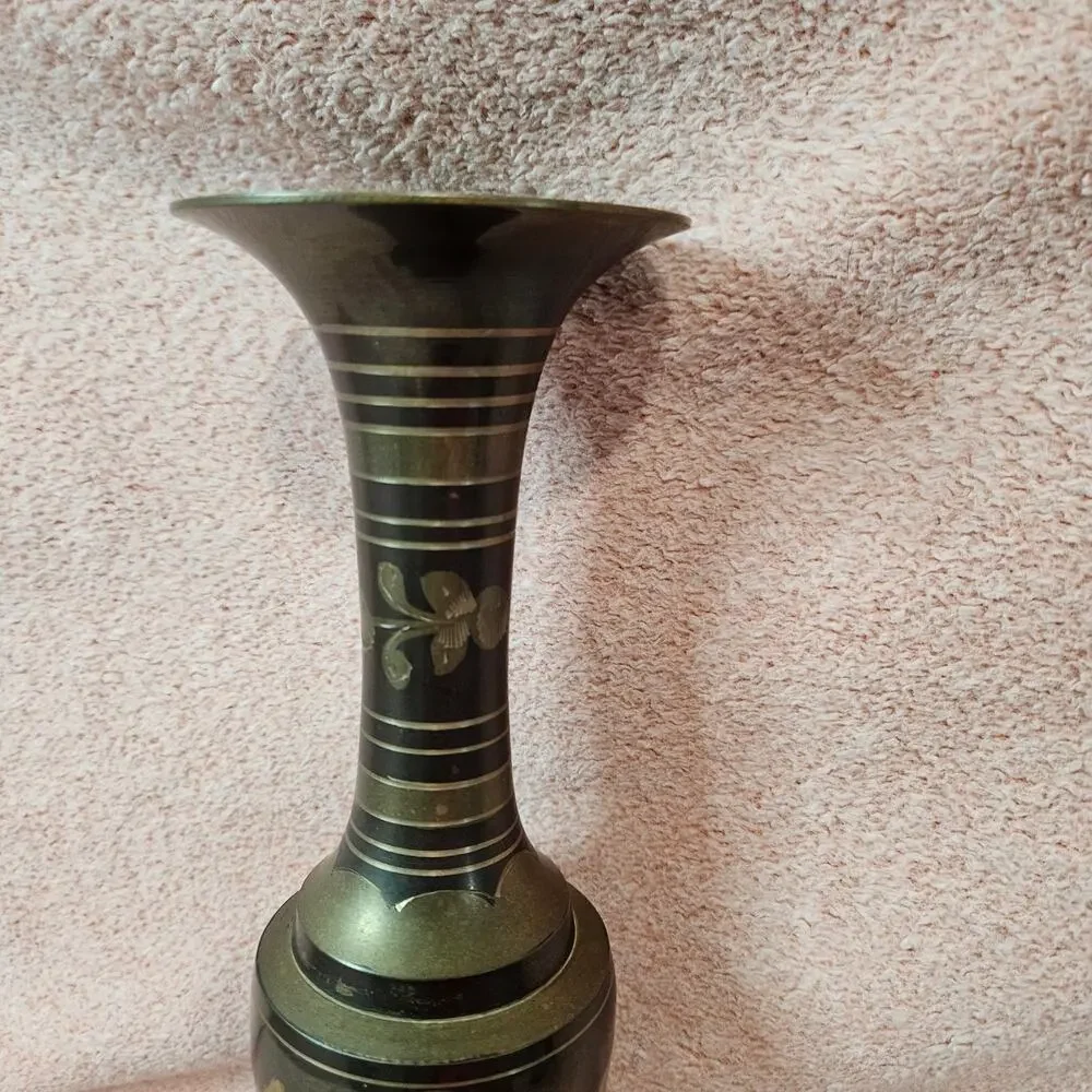 Vintage Etched Solid Brass and Black Enamel Floral Decorative Vase Made in India
